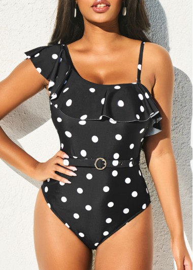 Black swimwear,Dot swimwear,Polka Dot Flounce Black Asymmetric Design One Piece Swimwear