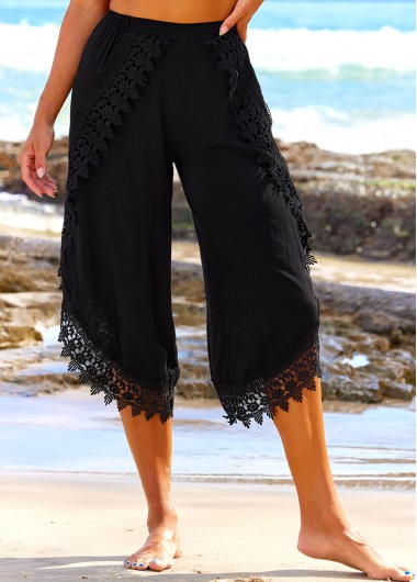 Black swimwear,Plain Color swimwear,High Waisted Black Lace Stitching Beach Pants