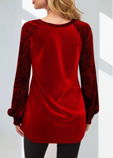 Red tops,Leopard tops,ROTITA Velvet Stitching Leopard Split Neck Red Valentines Blouse