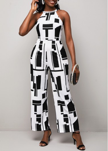 Geometric jumpsuits & rompers,ROTITA Hot Drilling Halter Geometric Print Color Block Jumpsuit