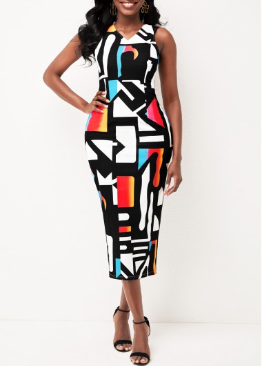 Multi Color dresses,Geometric dresses,ROTITA V Neck Geometric Print Multi Color Dress