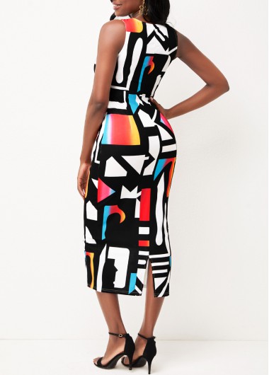 Multi Color dresses,Geometric dresses,ROTITA V Neck Geometric Print Multi Color Dress