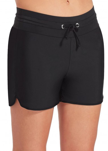 Black swimwear,Plain Color swimwear,ROTITA Mid Waist Black Drawstring Detail Swim Shorts