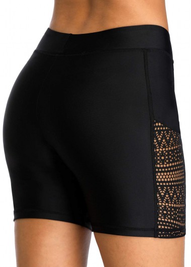 Black swimwear,Plain Color swimwear,ROTITA Black Hollow Out Mid Waist Swim Shorts