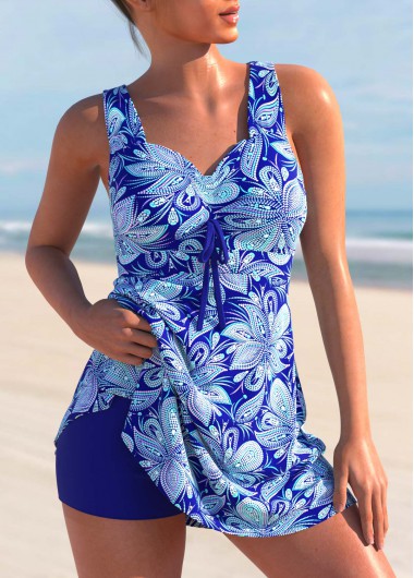 Light Blue swimwear,Paisley swimwear,ROTITA Cross Strap Floral Paisley Print Swimdress and Shorts