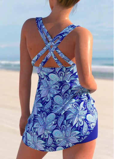 Light Blue swimwear,Paisley swimwear,ROTITA Cross Strap Floral Paisley Print Swimdress and Shorts