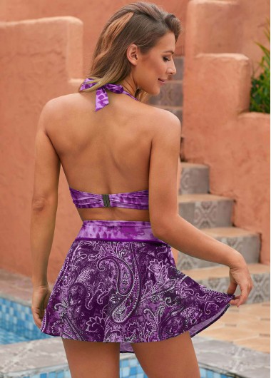 Dark Purple swimwear,Paisley swimwear,ROTITA Paisley Print Deep Purple High Waist Bikini Set