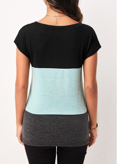 Cyan tops,Contrast Color tops,Cyan Contrast Round Neck Twist Hem T Shirt