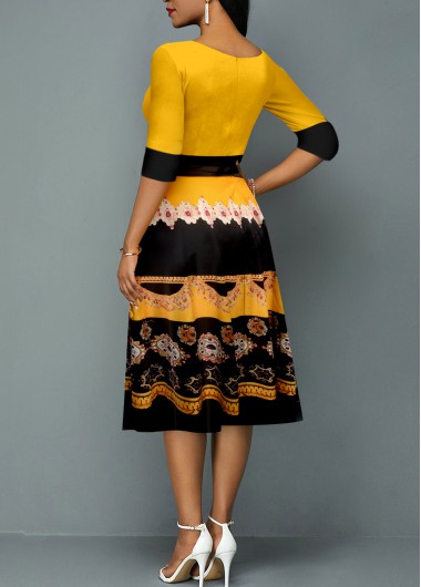 Yellow dresses,Tribal dresses,ROTITA Yellow Tribal Print 3/4 Sleeve Round Neck Dress