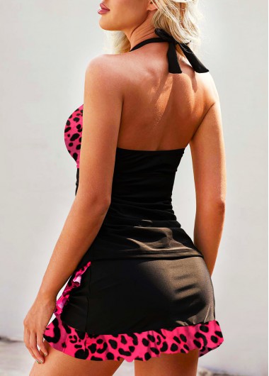 Black swimwear,Leopard swimwear,ROTITA Leopard Halter Black Front Cross Tankini Set