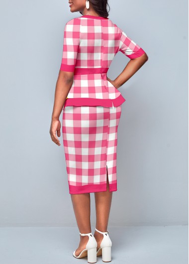 Pink dresses,Plaid dresses,ROTITA Plaid Round Neck Pink Bodycon Dress