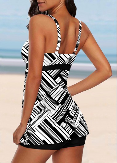 Multi Color swimwear,Geometric swimwear,ROTITA Color Block Wide Strap Geometric Print Tankini Top