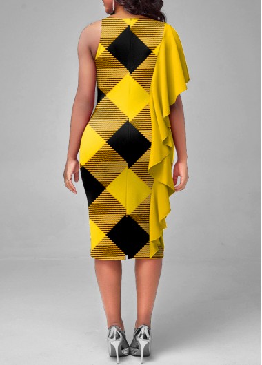 Yellow dresses,Plaid dresses,ROTITA Plaid Yellow Flounce Round Neck Dress