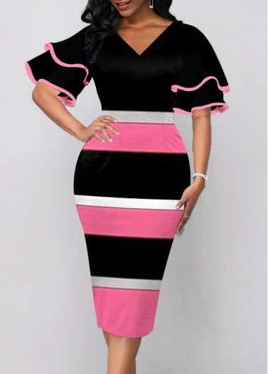 Contrast Color dresses,ROTITA V Neck Layered Bell Sleeve Color Block Dress