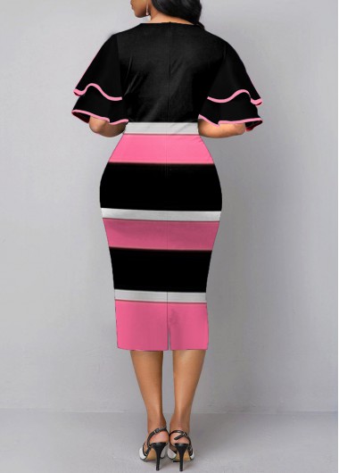 Contrast Color dresses,ROTITA V Neck Layered Bell Sleeve Color Block Dress