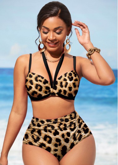 Dark Camel swimwear,Leopard swimwear,ROTITA High Waist Leopard Brown Bikini Set