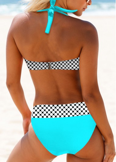 Cyan swimwear,Dot swimwear,ROTITA Cyan Polka Dot Halter Mid Waist Bikini Set