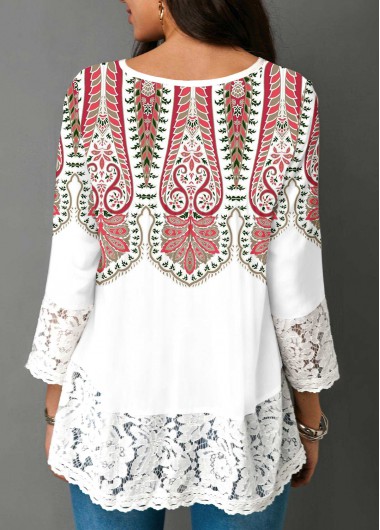White tops,Tribal tops,ROTITA Tribal Print White Lace Patchwork Blouse