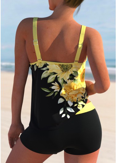 Yellow swimwear,Floral swimwear,ROTITA Sunflower Print Double Straps Yellow Tankini Set