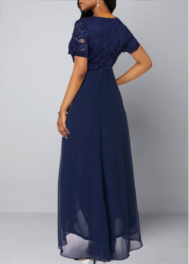 Plain Color dresses,ROTITA Lace Stitching Asymmetric Hem Navy Blue Chiffon Dress