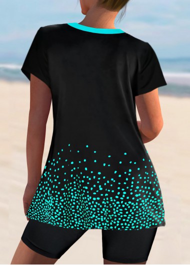 Black swimwear,Dot swimwear,ROTITA Black Split Neck Short Sleeve Tankini Set
