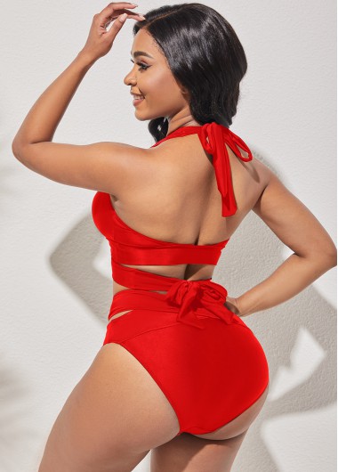 Red swimwear,Plain Color swimwear,ROTITA Cross Strap Halter High Waisted Red Bikini Set