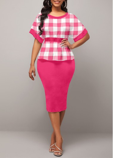 Hot Pink dresses,Plaid dresses,ROTITA Round Neck Plaid Peplum Waist Hot Pink Dress