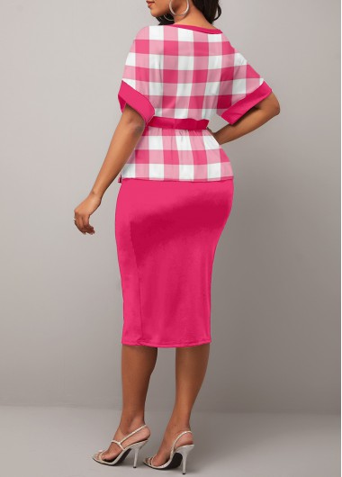 Hot Pink dresses,Plaid dresses,ROTITA Round Neck Plaid Peplum Waist Hot Pink Dress