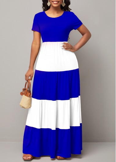 Contrast Color dresses,ROTITA Round Neck Color Block Short Sleeve Maxi Dress