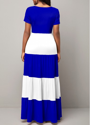 Contrast Color dresses,ROTITA Round Neck Color Block Short Sleeve Maxi Dress
