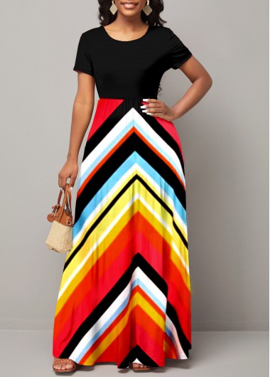 Multi Color dresses,Chevron dresses,ROTITA Round Neck Chevron Print Short Sleeve Maxi Dress