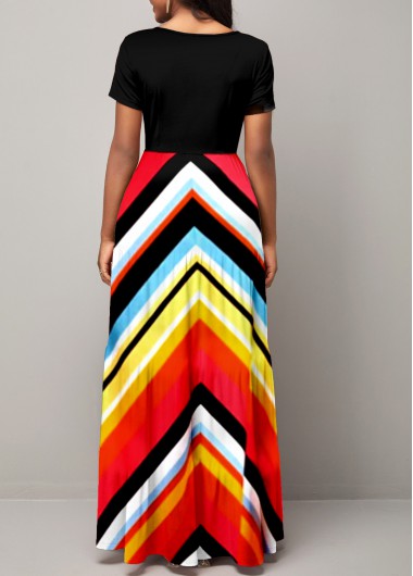 Multi Color dresses,Chevron dresses,ROTITA Round Neck Chevron Print Short Sleeve Maxi Dress