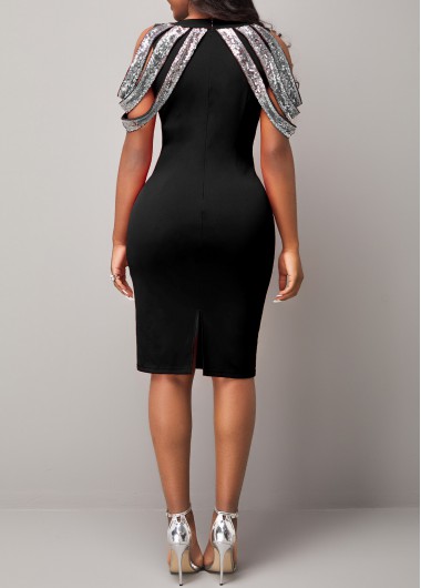 Black dresses,Contrast Color dresses,ROTITA Cold Shoulder Black Sequin Short Sleeve Dress