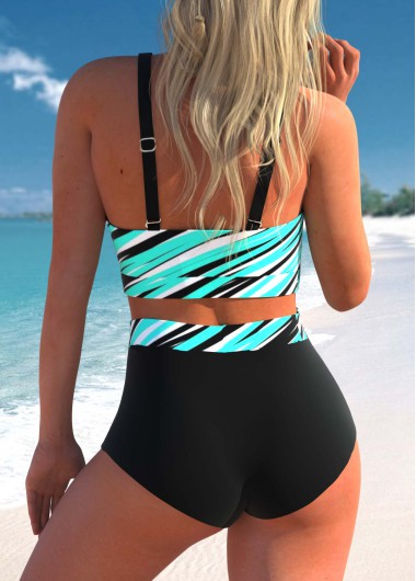 Cyan swimwear,Striped swimwear,ROTITA High Waisted Front Cross Stripe Print Bikini Set