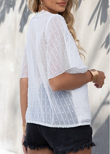 White tops,Plain Color tops,White Textured V Neck Lace Patchwork T Shirt