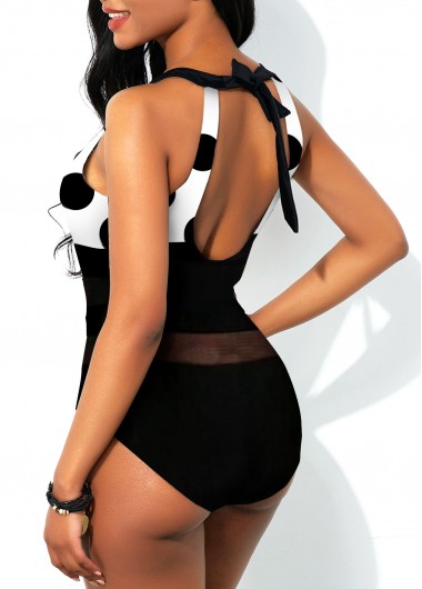 Black swimwear,Dot swimwear,ROTITA Black Polka Dot Mesh Stitching One Piece Swimwear