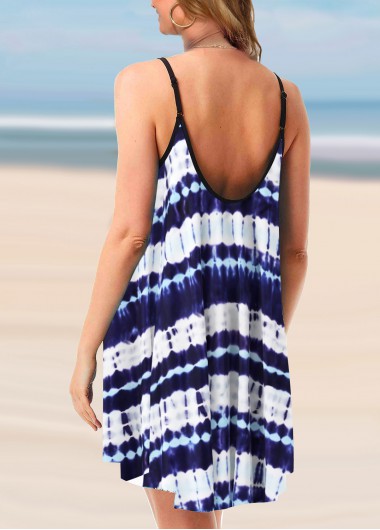 Navy swimwear,Tie Dye swimwear,ROTITA Tie Dye Print Spaghetti Strap Blue Cover Up Dress
