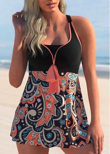 Orange swimwear,Paisley swimwear,ROTITA Paisley Print Coral Orange Bowknot Swimdress Top
