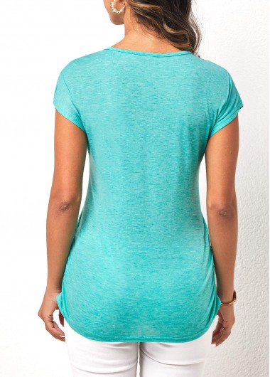 Cyan tops,Plain Color tops,Quarter Zip Cyan Side Shirred T Shirt