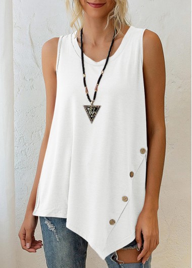 White tops,Plain Color tops,Asymmetric Hem White Decorative Button Tank Top
