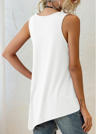White tops,Plain Color tops,Asymmetric Hem White Decorative Button Tank Top