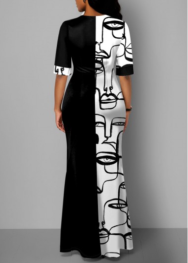 Black dresses,White dresses,Graphic dresses,ROTITA Pocket Figure Print Black Maxi Dress