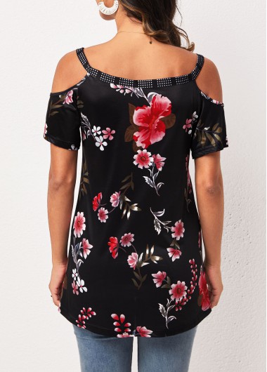 Black tops,Floral tops,Strappy Cold Shoulder Black Floral Print T Shirt