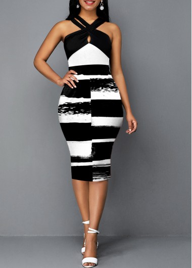 Graphic dresses,ROTITA Cross Halter Graffiti Print Color Block Dress