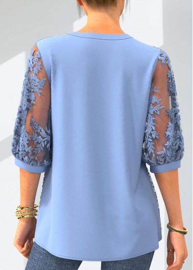Light Blue tops,Plain Color tops,ROTITA Light Blue 3/4 Sleeve Button Up Embroidered Blouse