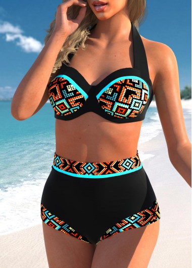 Black swimwear,Tribal swimwear,ROTITA Tribal Print High Waisted Black Bikini Set
