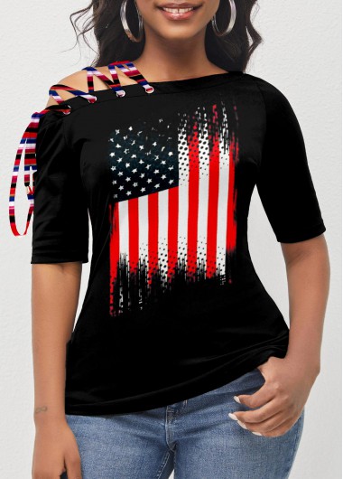 Black tops,Flag tops,ROTITA American Flag Print Black Lace Up T Shirt