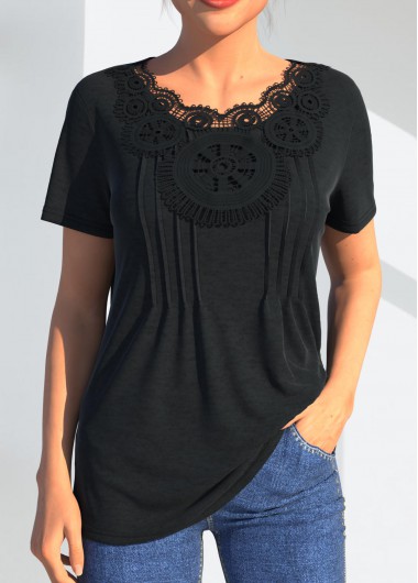 Black tops,Plain Color tops,ROTITA Lace Stitching Black Crinkle Chest T Shirt