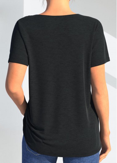 Black tops,Plain Color tops,ROTITA Lace Stitching Black Crinkle Chest T Shirt