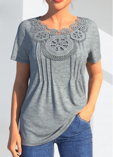 Light Grey Marl tops,Plain Color tops,ROTITA Lace Stitching Grey Marl Crinkle Chest T Shirt